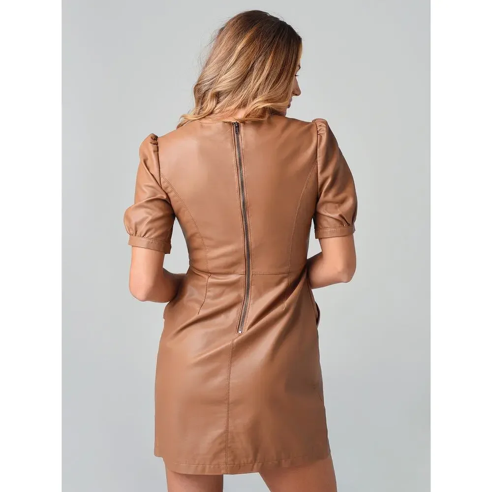 Cupcake & Cashmere Maggie Dress Brown Faux Leather Mini Dress with pockets - Picture 3 of 16